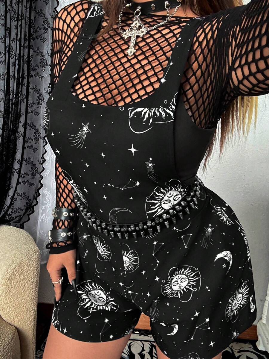 Whyspr Plus Size Casual Gothic Style Skull Print Jumpsuit Comfortable Casual Overall Shorts Spring Summer - Black - View 1