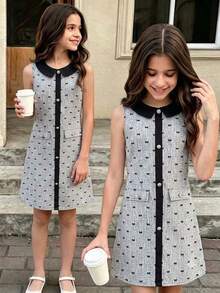 Teen Girl Bow Print Colorblock Fashion Dress, Suitable For Campus Daily, , Parties, Afternoon Tea And Other Light Luxury Occasions - Grey - View 4