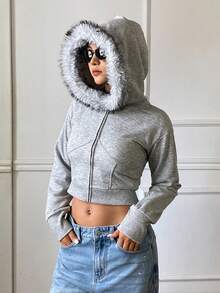 DAZY Women's Grey Hooded Zip-Up Long Sleeve Cropped Fitted Sweatshirt Jacket With Pom Pom Decor - Grey - View 5