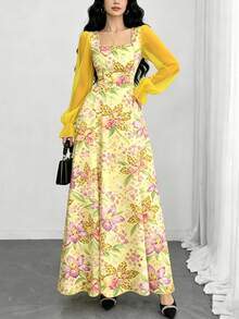 Modelyn Orchid Floral Textured Pattern Light Yellow French Style Romantic Dress, Women's Fashion Square Neck Lantern Sleeve Elegant Autumn Long Dress - Multicolor - View 4
