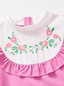 SHEIN 少女花卉圖案拼接荷葉領長袖洋裝，校服/教堂禮拜裙，返校季 - 粉色 - 查看 5