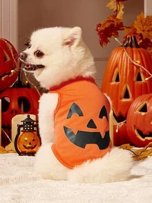 2pcs Pet Cat Dog Universal Halloween Orange Pumpkin Funny Expression Pattern Print Fashionable Breathable Comfortable Dog Vest, PETSIN Original Design - Multicolor - View 8