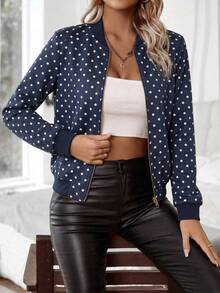 SHEIN LUNE Vintage Print Baseball Collar Zipper Ribbed Hem Cropped Flight Jacket - Navy Blue - View 4