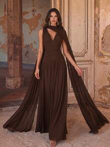 Aloruh Elegant Brown Summer Wine Red Glossy Mesh V-Neck Ruched Super Flared A-Line Skirt (Detachable Halter Chiffon Flounce) Formal Evening Wedding Dress - Coffee Brown - View 8