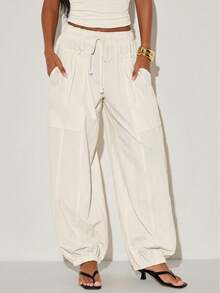 Normani Women's Off-White Balloon Pants, Summer Linen Casual Pants, Comfortable Elastic Waistband, Versatile Everyday Travel Trousers, Beige Style, Vacation - Beige - View 7