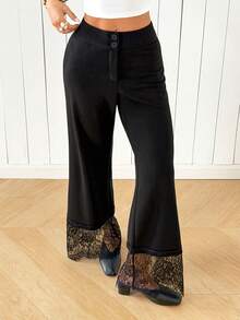 SHEIN EZwear 女款蕾絲拼接休閒百搭日常穿著長褲 - 黑色 - 查看 8