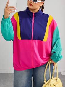 SHEIN CURVE+ 大尺碼休閒簡約薄款夾克，時尚多色拼接秋季夾克，2026年秋冬 22W 桃紅色 - 彩色 - 查看 9
