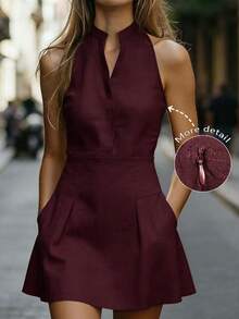 EMERY ROSE Vestido mini de moda para mujer de unicolor con escote en V, abertura y bolsillo, sin mangas - Burdeos - Ver 3
