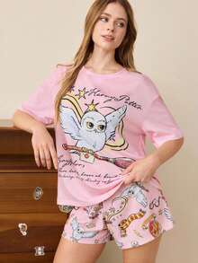 HARRY POTTER X SHEIN Women's Cartoon Print Top And Shorts Pajama Set - Pink - View 3