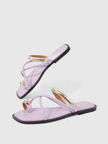 Sleekvia Chanclas planas cómodas y resistentes al desgaste para mujer, versátiles, con detalles metálicos, para exterior - Morado Violeta - Ver 8