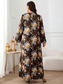 Al Najma 大尺碼女款V領花卉印花休閒派對阿拉伯風洋裝 - 咖啡棕 - 查看 2