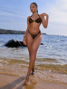 Swim SXY Brown Print Halter Neck Underwire Top And Thong Bikini Set Beach Party Summer Sexy - Coffee Brown - View 3