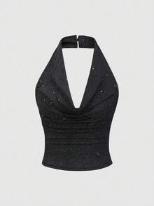SHEIN 少女闪亮垂褶领露背吊带上衣，适合邮轮、万圣节、晚宴、生日、返校节、运动、返校、度假、大学风、复活节、音乐节、毕业典礼、家庭聚会等场合。 - 黑色 - 查看 4
