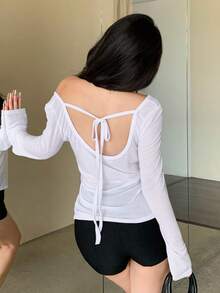DAZY 女款純色長袖半開襟鈕扣休閒性感T恤，日常穿搭全白秋季Y2K約會之夜外出穿搭 - 白色 - 查看 4