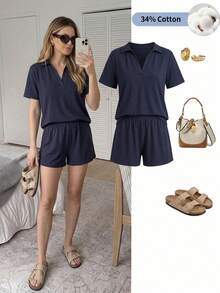 Easowa Women's Solid Color Short Sleeve Top And Shorts Casual Sexy Daily Travel Golf 2 Pieces Set Cotton Is Comfortable Lounge Pastal Summer Navy Blue - Navy Blue - View 7