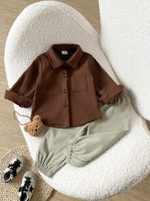 SHEIN 2pcs Baby Boy Shirt Jogger Pants Preppy Brown Sage Button Front Pocket Long Sleeve Lapel Collar Regular Back To School Fall Trousers Solid Minimalist - Multicolor - View 7