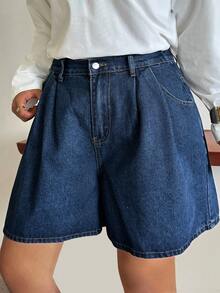 Dazy Plus Dark Wash Blue A-Line Wide Leg Denim Shorts, Solid Color, Plus Size Women's Spring Summer Casual Denim Shorts For Girls - Dark Wash - View 1