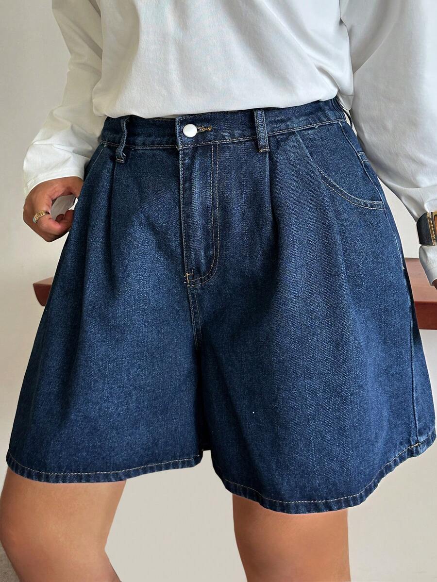 Dazy Plus Dark Wash Blue A-Line Wide Leg Denim Shorts, Solid Color, Plus Size Women's Spring Summer Casual Denim Shorts For Girls - Dark Wash - View 1