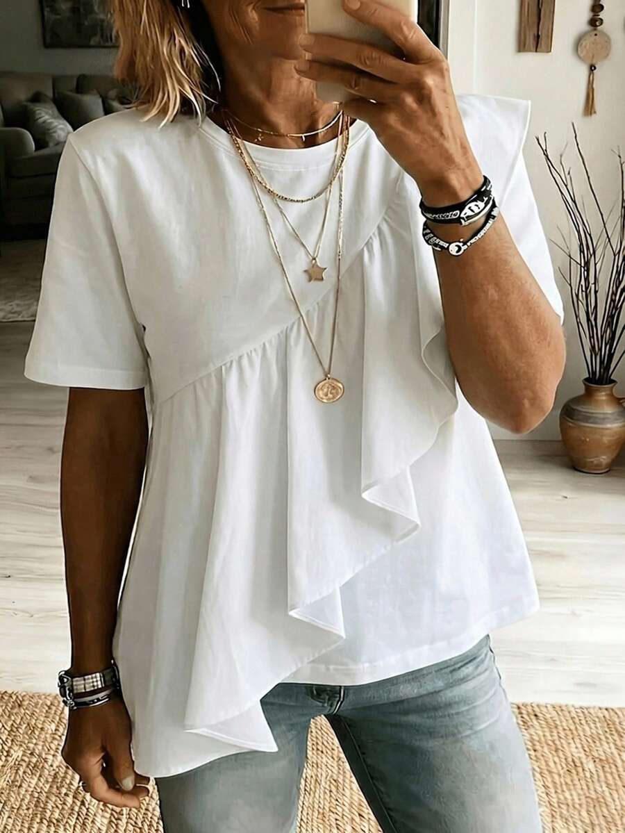 Dazy Plus Plus Size Women Solid Color Pleated Casual Versatile Daily Wear Short Sleeve T-Shirt - White - View 1