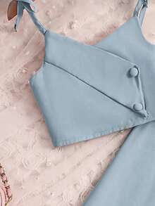SHEIN 1 Random Pc Young Girl Bow Spaghetti Strap Vest Set, Vacation, Back To School, Daily - Dusty Blue - View 3
