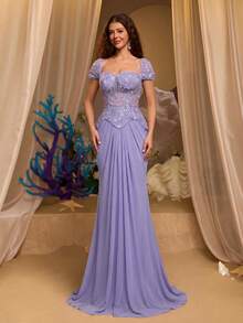 Glamrae Romantic 3D Lace Off-Shoulder Sheer Fishbone Boning Skirt With Novel Sculptural Mermaid Tail Train, Suitable For Dates, Vacations, Bachelorette Parties, Weddings, Back To School, All Formal Occasions, Women's Evening Gown - Purple - View 5