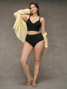 SHEIN Juego De Sujetador Y Camiseta De Tirantes Con Aros De Talla Grande Y Color Sólido - Negro - Ver 5