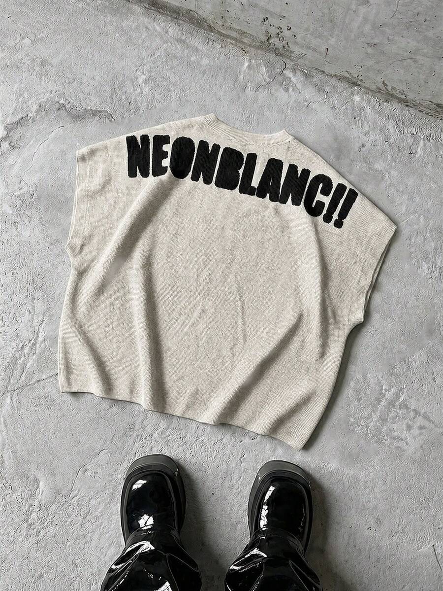 NEON BLANC Men's Street Fashion Streatwear Beige Knit Round Neck Printed Letter Tank Top, Suitable For Summer Back-To-School Beach Graduation Holiday Vacation - Apricot - View 1