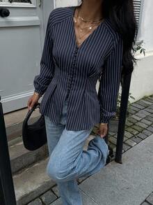Siren Gaze Women's Navy Striped V-Neck Button-Front Shirt With A Fitted Waist And Lantern Sleeves-A Slimming Top Ideal For The Workplace - Navy Blue - View 9
