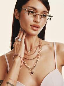 Popjeli Sweet And Cool Multi-Layer Pink Diamond Love Necklace, Retro Chain Stacked With Heavy Industry Collarbone Chain Y2K Spice Girl Accessories - love - View 7