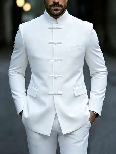 Manfinity Mode Men's Luxurious Frog Button Design Stand Collar Suit Jacket, The Stand Collar Design Provides More Style And Layering, Suitable For Daily Commute, Business, Party And Banquet Wear. This Suit Jacket Is An Essential Versatile Item In Men's Wardrobe, Making It An Excellent Gift For Boyfriend Or Husband