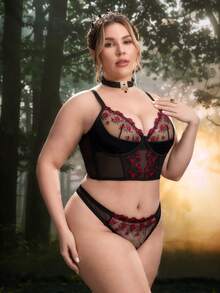 PinupPomp 2pcs/Set Plus Size Women's Mesh Embroidered Floral Lingerie Set - Multicolor - View 5