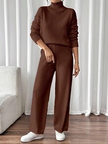 SHEIN Raffinéa 女款純色立領長袖上衣與長褲休閒日常針織兩件套 - 咖啡棕 - 查看 4