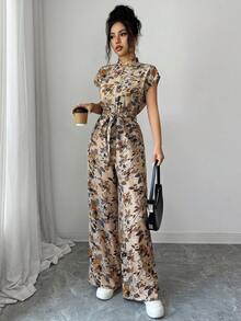 Rafferiza 女款優雅立領前開襟連肩短袖收腰寬腿長版連身褲 - 卡其色 - 查看 7