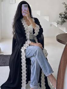 Yasmyna 女款黑色編織長袖白色水溶性蕾絲拼接優雅浪漫阿拉伯式長袍 - 黑色 - 查看 1