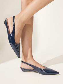 CUCCOO CHICEST Zapatos planos de mujer de unicolor con tacón inclinado corto, elegantes y premium, de cuero sintético PU brillante azul oscuro, para ir al trabajo, citas y uso diario - Azul oscuro - Ver 6