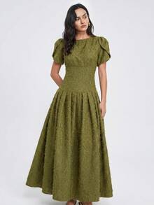SHEIN Summer Elegant Solid Color Textured Dress - Army Green - View 4