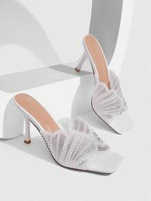 CUCCOO SZL Elegant Women's White Square Toe Heeled Sandals With Pearl And Rhinestone Scalloped Strap - White - View 1