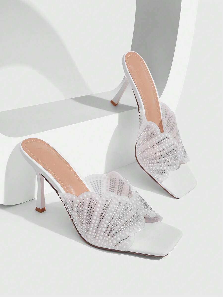 CUCCOO SZL Elegant Women's White Square Toe Heeled Sandals With Pearl And Rhinestone Scalloped Strap - White - View 1