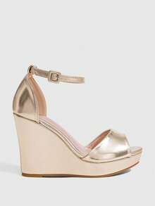 CUCCOO SZL Womens Gold Metallic Platform Wedges With Ankle Strap Open Toe Sandals - Gold 1 - View 2