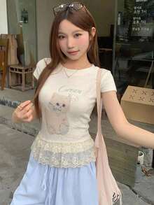 DAZY 春夏女款修身動物印花T恤 - 白色 - 查看 5