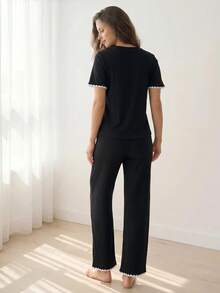 Liftille 2 件套女士休闲撞色装饰上衣和裤子家居服套装 - 彩色 - 查看 5