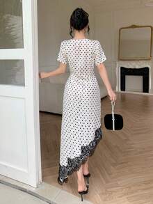 Seusyu White And Black Polka Dot Hem Asymmetrical Lace Trim Fitted Waist Mid-Length Dress For Women Tea Party Brunch Summer French Vintage - Pearl White - View 2