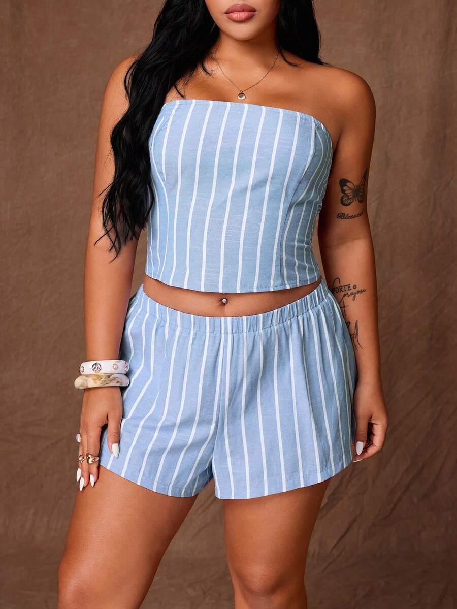 Rustia Plus Size Summer Striped Bandeau Top & Striped Shorts Casual Set - Blue - View 1