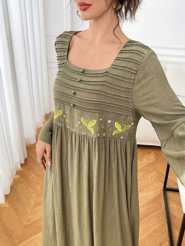Yasmyna Women's Embroidered Pleated Textured Arabic Traditional Dress Elegant