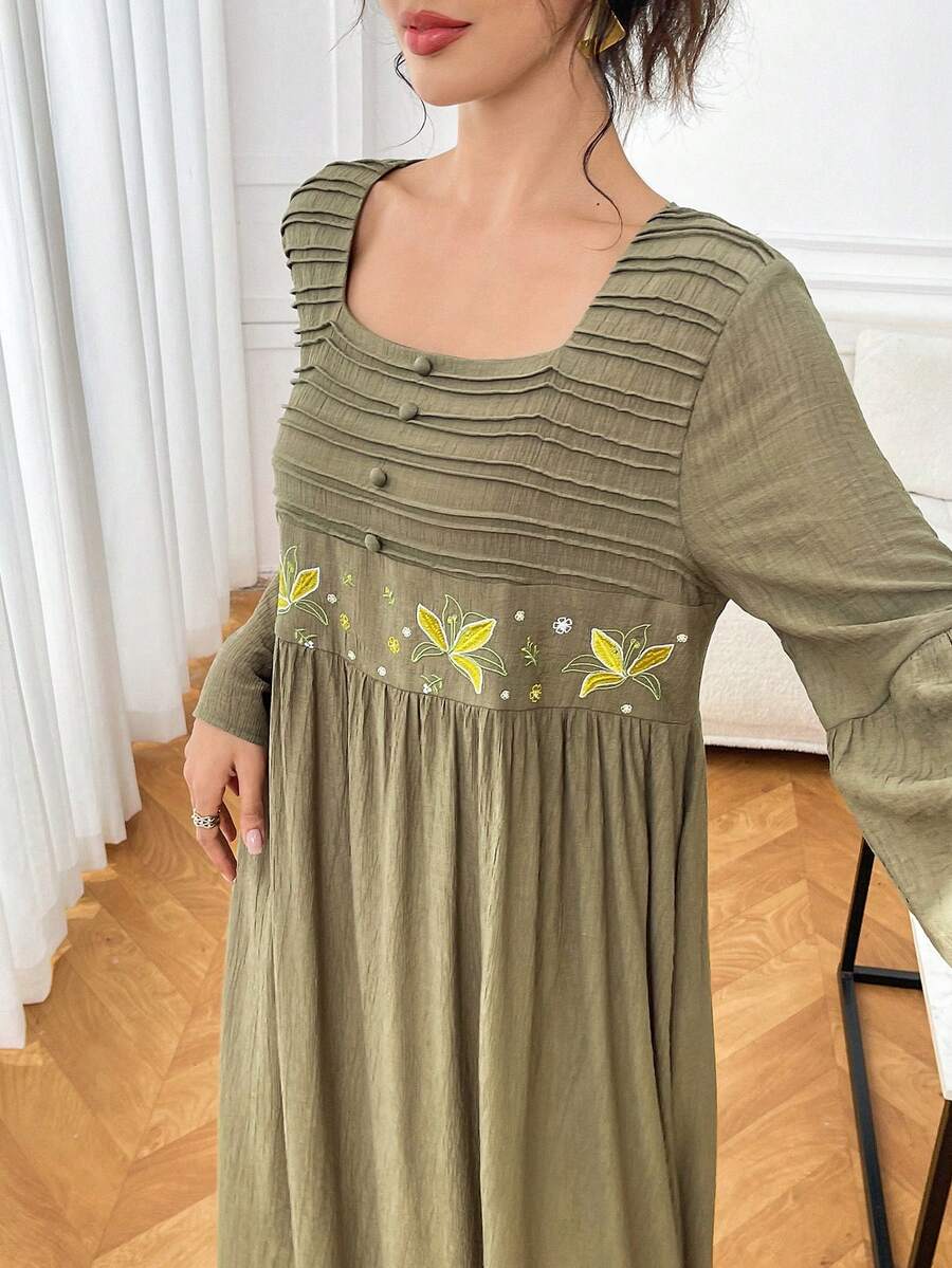 Yasmyna 女款刺繡百褶紋理阿拉伯傳統長裙 優雅 - 綠色 - 查看 1