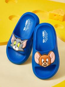 TOM & JERRY X SHEIN 可愛卡通圖案藍色兒童EVA拖鞋，適合幼兒與兒童，可用於室內、淋浴或戶外，輕盈舒適 - 霧霾藍 - 查看 5