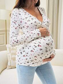 SHEIN Top d'allaitement de maternité à col en V profond avec imprimé floral, décontracté et polyvalent pour le port quotidien en automne - Blanc - Voir 8