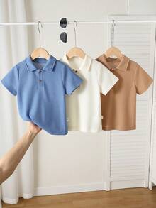 SHEIN 兒童男童 Polo 短袖 T 恤，純色短袖領口上衣 - 彩色 - 查看 9