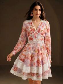 Anewsta Elegant Dress, Chiffon Long Sleeve Floral Short Dress, Patchwork Fabric Striped Heavy Work Dress - Pink - View 6