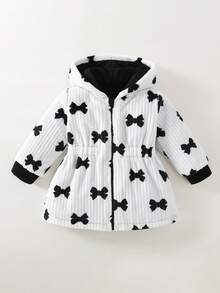 SHEIN Playful Pals Reversible Baby Girl Autumn/Winter Bow Plush Flannel All-Match Versatile Casual Thickened Waist-Cinching Long Coat Warm Jacket - Black and White - View 6